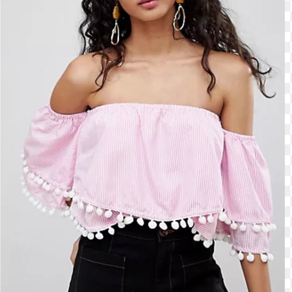 QED London Off Shoulder Crop Top With Pom Pom Trim